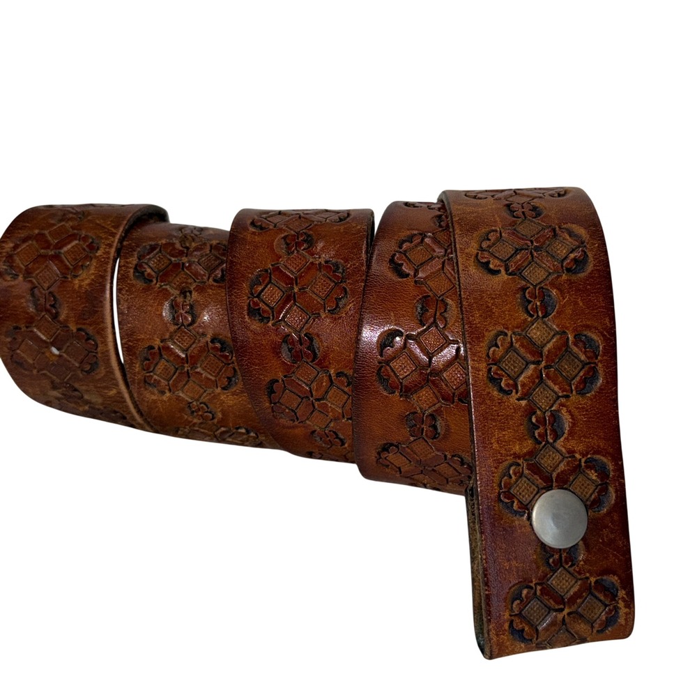 Unbranded Tooled Leather Belt Unisex 30 Brown Good Vintage Boho Western Snap-On